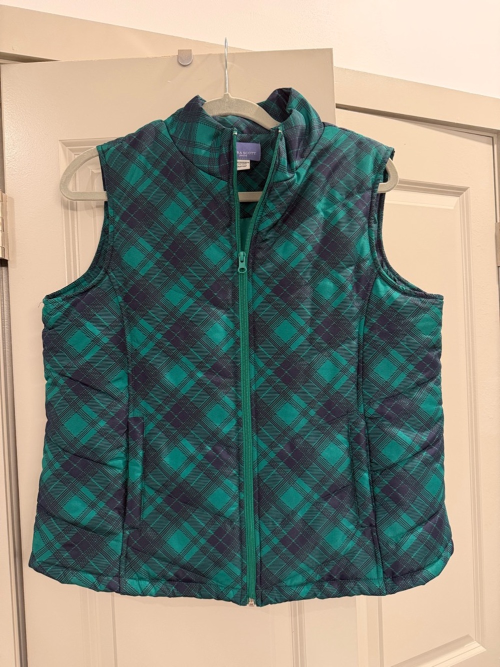 Laura Scott Teal and Navy Plaid Quilted Zip Vest